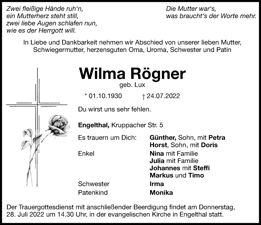  Traueranzeige für Wilma Rögner vom 27.07.2022 aus Hersbrucker Zeitung Lokal