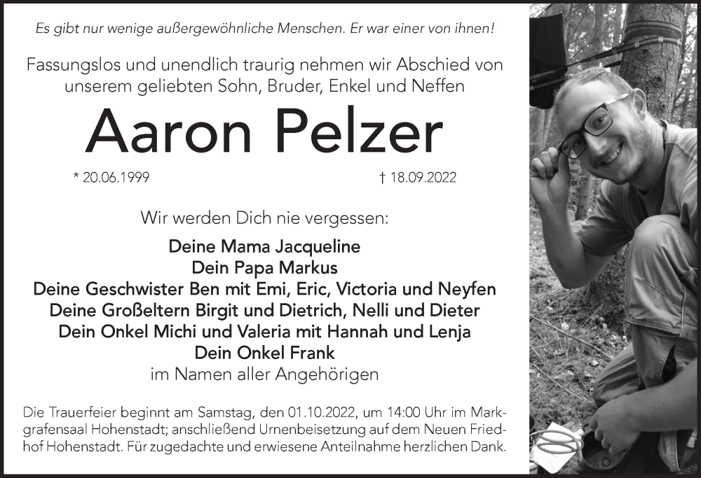  Traueranzeige für Aaron Pelzer vom 24.09.2022 aus Pegnitz-Zeitung