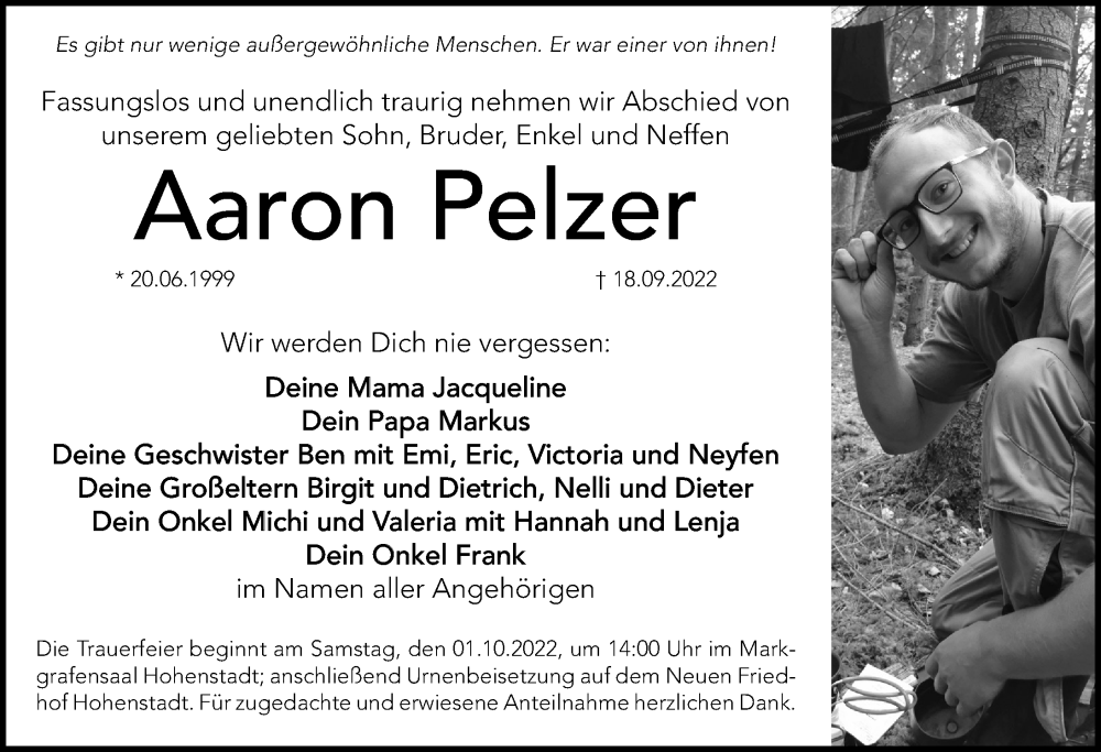  Traueranzeige für Aaron Pelzer vom 24.09.2022 aus Hersbrucker Zeitung Lokal