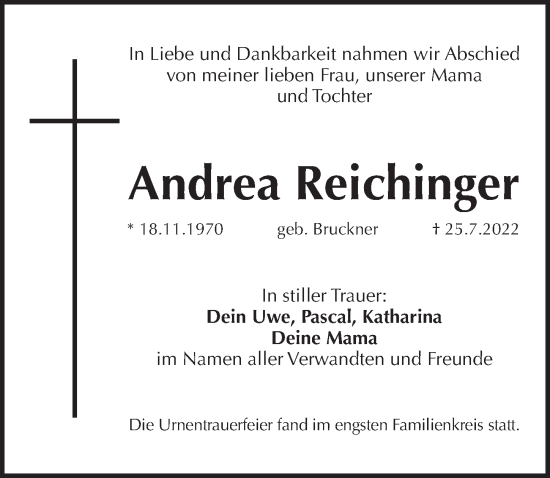 Traueranzeige von Andrea Reichinger von Pegnitz-Zeitung