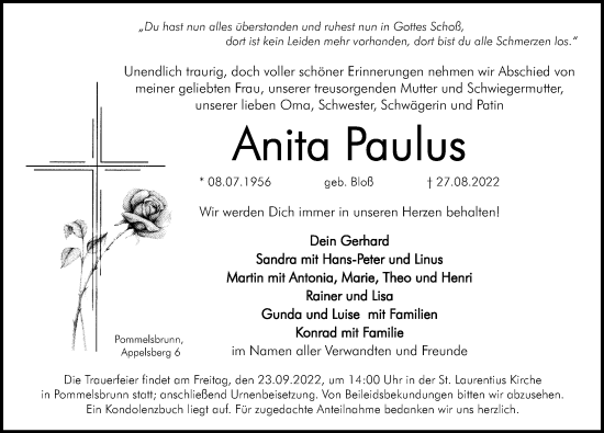 Traueranzeige von Anita Paulus von Hersbrucker Zeitung Lokal