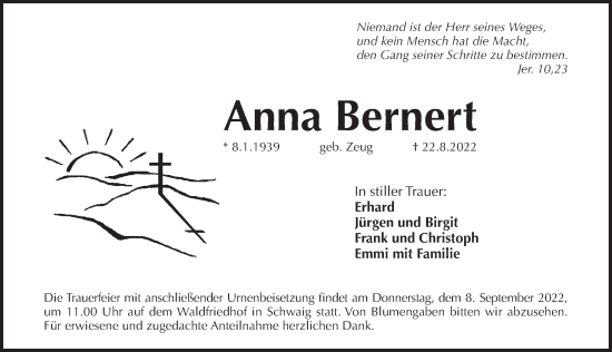 Traueranzeige von Anna Bernert von Pegnitz-Zeitung