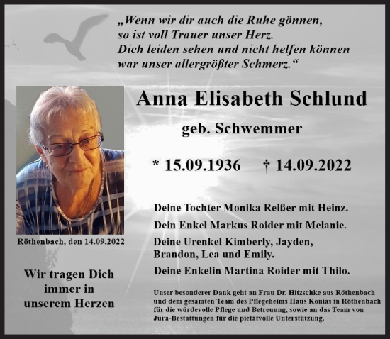 Traueranzeige von Anna Elisabeth Schlund von Pegnitz-Zeitung
