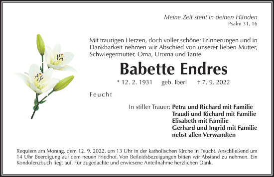 Traueranzeige von Babette Endres von Der Bote