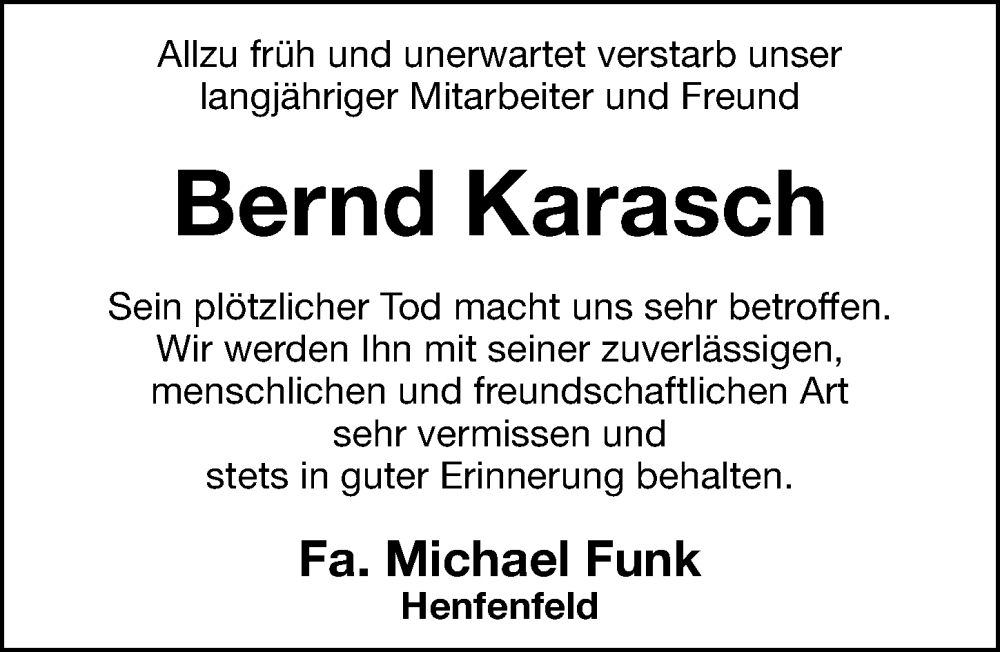  Traueranzeige für Bernd Karasch vom 17.09.2022 aus Hersbrucker Zeitung Lokal