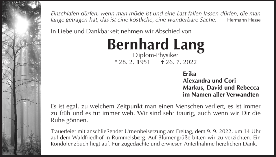 Traueranzeige von Bernhard Lang von Der Bote
