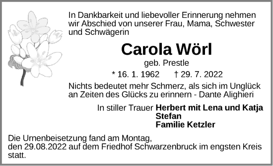 Traueranzeige von Carola Wörl von Der Bote