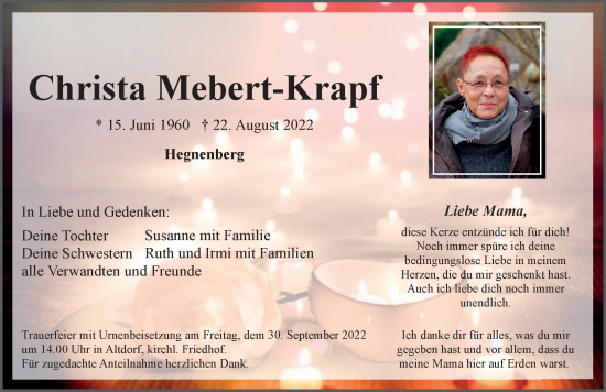Traueranzeige von Christa Mebert-Krapf von Der Bote