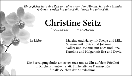 Traueranzeige von Christine Seitz von Hersbrucker Zeitung Lokal