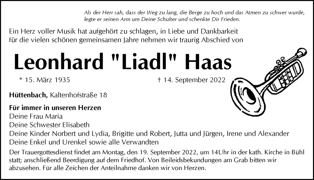  Traueranzeige für Leonhard Haas vom 17.09.2022 aus Pegnitz-Zeitung