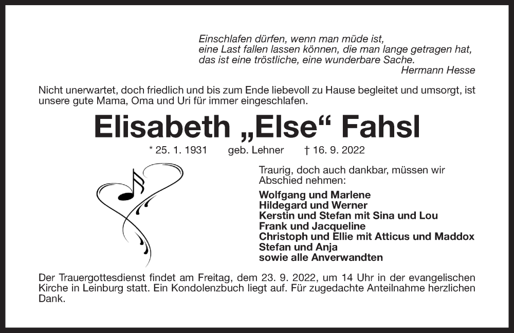  Traueranzeige für Elisabeth Fahsl vom 21.09.2022 aus Der Bote