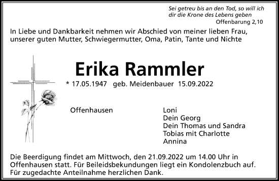 Traueranzeige von Erika Rammler von Hersbrucker Zeitung Lokal