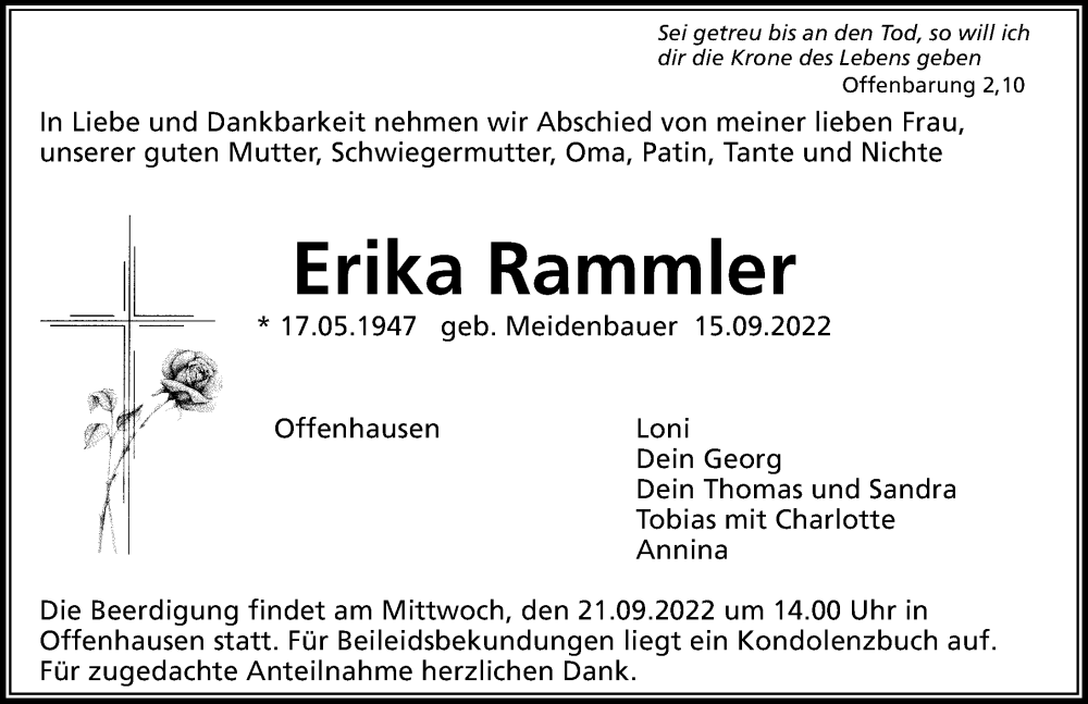  Traueranzeige für Erika Rammler vom 20.09.2022 aus Hersbrucker Zeitung Lokal