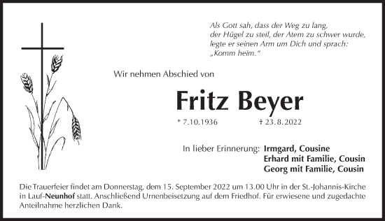 Traueranzeige von Fritz Beyer von Pegnitz-Zeitung