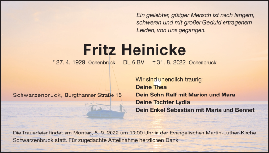 Traueranzeige von Fritz Heinicke von Der Bote