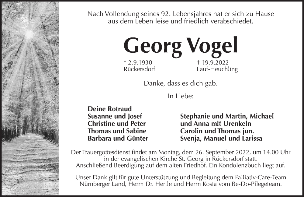  Traueranzeige für Georg Vogel vom 23.09.2022 aus Pegnitz-Zeitung