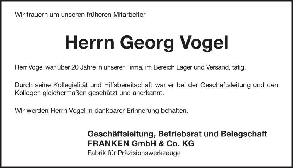  Traueranzeige für Georg Vogel vom 24.09.2022 aus Pegnitz-Zeitung