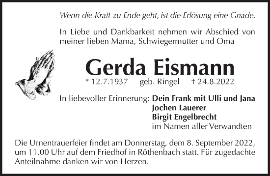 Traueranzeige von Gerda Eismann von Pegnitz-Zeitung