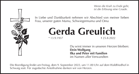 Traueranzeige von Gerda Greulich von Pegnitz-Zeitung