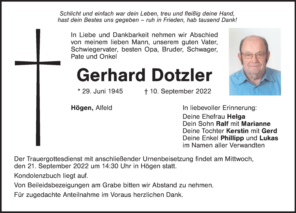  Traueranzeige für Gerhard Dotzler vom 17.09.2022 aus Hersbrucker Zeitung Lokal