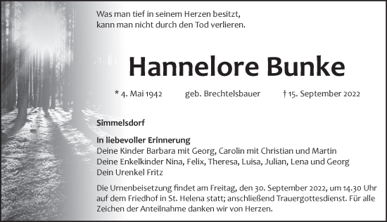 Traueranzeige von Hannelore Bunke von Pegnitz-Zeitung