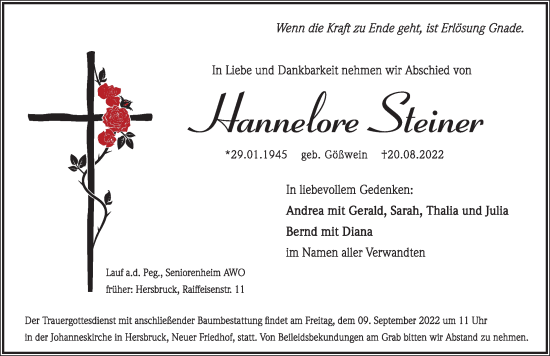 Traueranzeige von Hannelore Steiner von Hersbrucker Zeitung Lokal