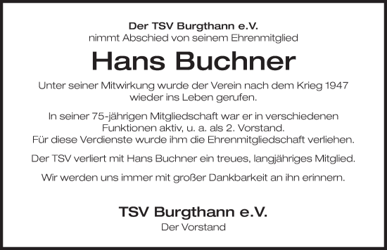 Traueranzeige von Hans Buchner von Der Bote