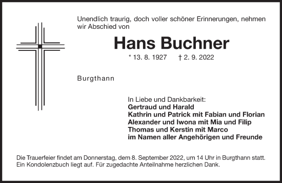 Traueranzeige von Hans Buchner von Der Bote