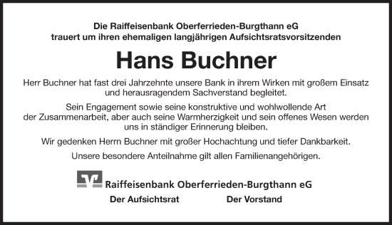 Traueranzeige von Hans Buchner von Der Bote