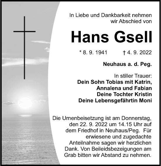 Traueranzeige von Hans Gsell von Hersbrucker Zeitung Lokal