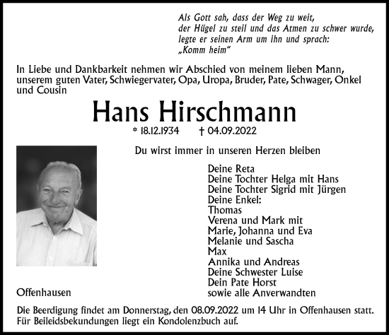 Traueranzeige von Hans Hirschmann von Hersbrucker Zeitung Lokal