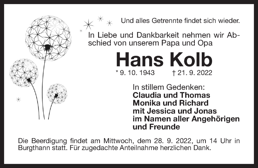  Traueranzeige für Hans Kolb vom 24.09.2022 aus Der Bote