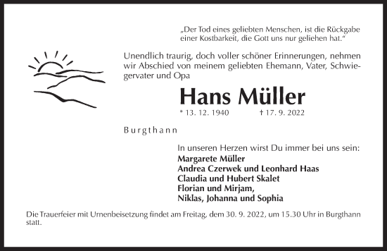 Traueranzeige von Hans Müller von Der Bote