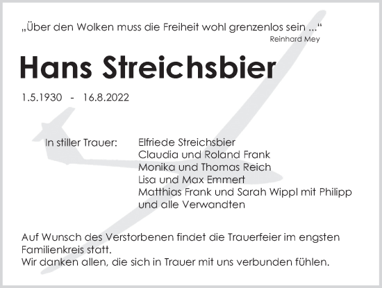 Traueranzeige von Hans Streichsbier von Der Bote