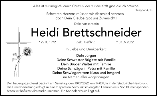 Traueranzeige von Heidi Brettschneider von Hersbrucker Zeitung Lokal