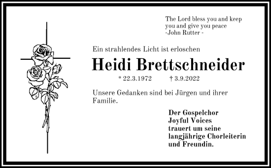 Traueranzeige von Heidi Brettschneider von Pegnitz-Zeitung