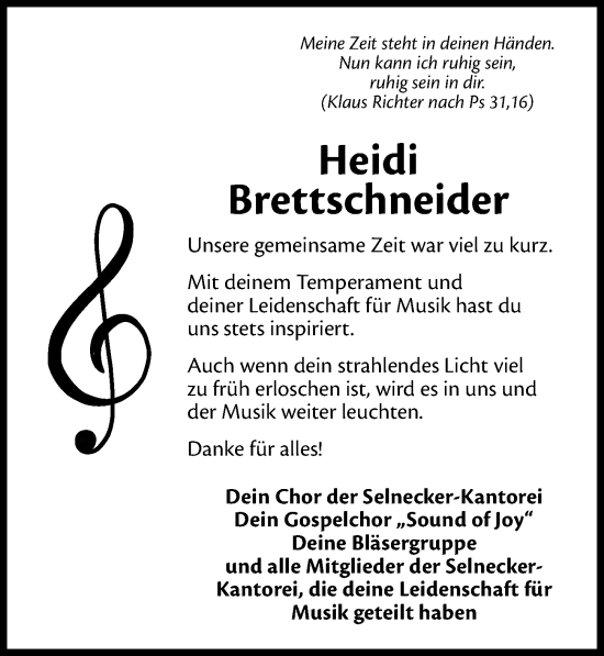 Traueranzeige von Heidi Brettschneider von Hersbrucker Zeitung Lokal