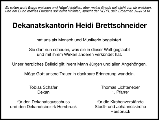 Traueranzeige von Heidi Brettschneider von Pegnitz-Zeitung