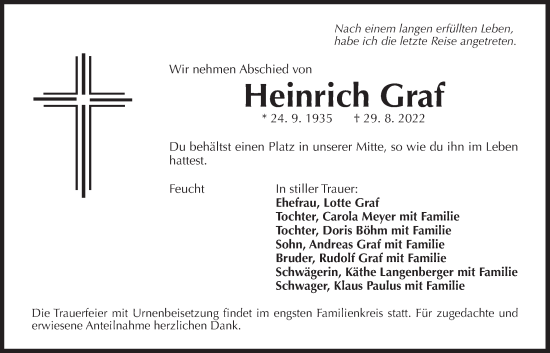 Traueranzeige von Heinrich Graf von Der Bote