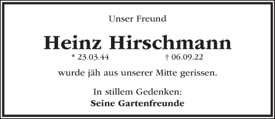 Traueranzeige von Heinz Hirschmann von Pegnitz-Zeitung