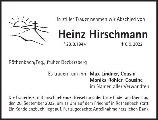 Traueranzeige von Heinz Hirschmann von Pegnitz-Zeitung