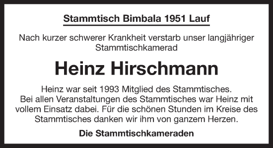 Traueranzeige von Heinz Hirschmann von Pegnitz-Zeitung