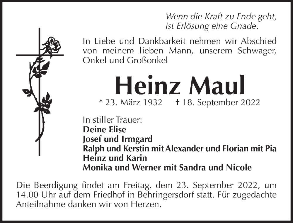  Traueranzeige für Heinz Maul vom 21.09.2022 aus Pegnitz-Zeitung
