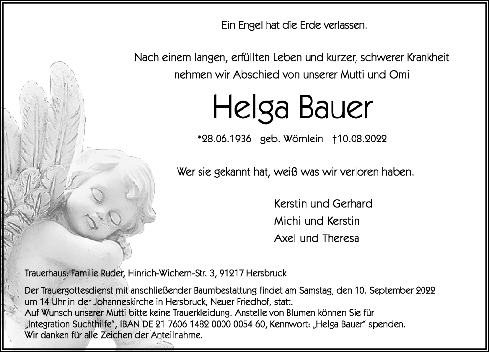  Traueranzeige für Helga Bauer vom 03.09.2022 aus Hersbrucker Zeitung Lokal