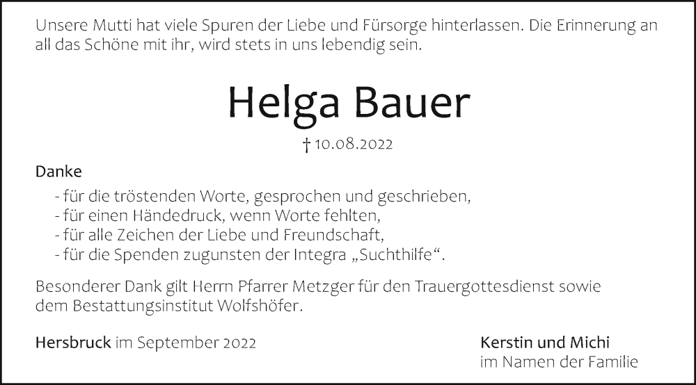  Traueranzeige für Helga Bauer vom 17.09.2022 aus Hersbrucker Zeitung Lokal