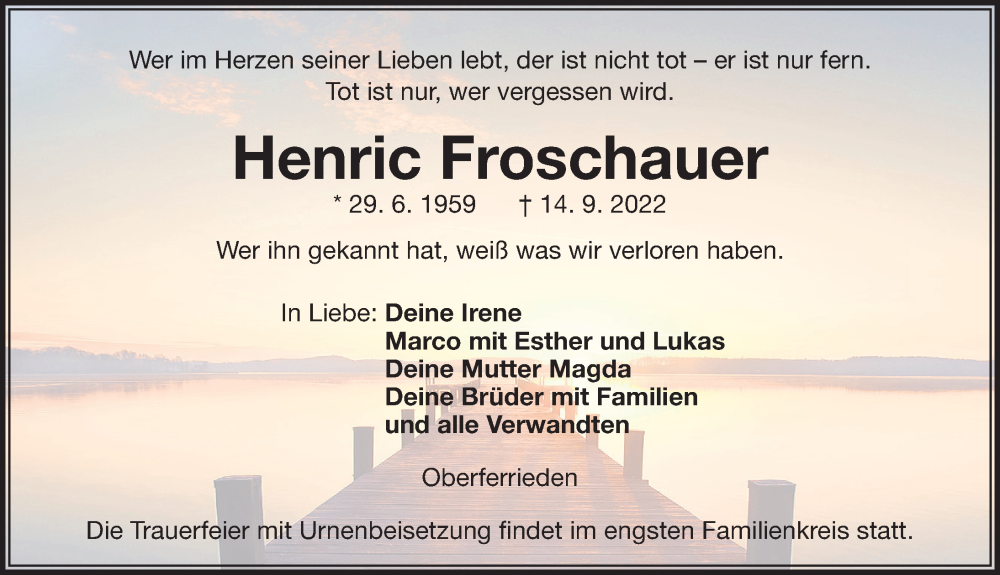  Traueranzeige für Henric Froschauer vom 17.09.2022 aus Der Bote