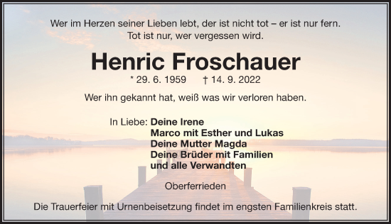 Traueranzeige von Henric Froschauer von Der Bote