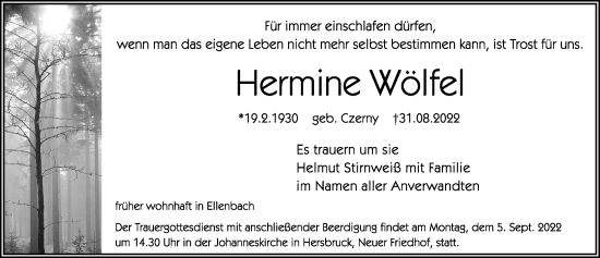 Traueranzeige von Hermine Wölfe von Hersbrucker Zeitung Lokal
