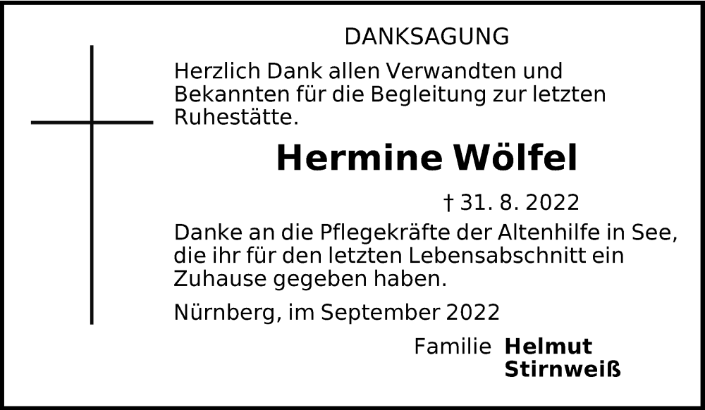  Traueranzeige für Hermine Wölfel vom 17.09.2022 aus Hersbrucker Zeitung Lokal