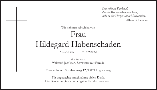 Traueranzeige von Hildegard Habenschaden von Der Bote